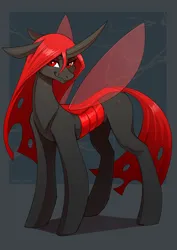 Size: 2480x3508 | Tagged: safe, artist:underpable, derpibooru import, changeling queen oc, oc, oc:queen pentax, unofficial characters only, changeling, changeling queen, carapace, changeling wings, curved horn, female, floppy ears, gray coat, horn, image, looking at you, png, quadrupedal, red changeling, red eyes, red mane, red tail, red wings, smiling, smirk, solo, spread wings, standing, tail, three quarter view, wings