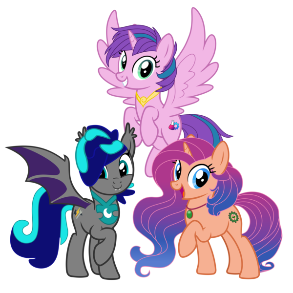 Size: 5000x5000 | Tagged: safe, derpibooru import, edit, editor:awesomegamergame, oc, oc:meadow bell, oc:midnight storm, oc:rosey beam, unofficial characters only, alicorn, bat pony, pony, unicorn, g4, absurd resolution, alicorn oc, bat ears, bat pony oc, bat wings, cute, eyelashes, fangs, female, female oc, group, group photo, happy, horn, image, jewelry, looking at you, male, male oc, multicolored hair, necklace, open mouth, png, simple background, smiling, spread wings, tail, transparent background, unicorn oc, vector, vector trace, wings