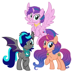 Size: 5000x5000 | Tagged: safe, derpibooru import, edit, editor:awesomegamergame, oc, oc:meadow bell, oc:midnight storm, oc:rosey beam, unofficial characters only, alicorn, bat pony, pony, unicorn, g4, absurd resolution, alicorn oc, bat ears, bat pony oc, bat wings, cute, eyelashes, fangs, female, female oc, group, group photo, happy, horn, image, jewelry, looking at you, male, male oc, multicolored hair, necklace, open mouth, png, simple background, smiling, spread wings, tail, transparent background, unicorn oc, vector, vector trace, wings