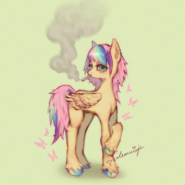 Size: 2819x2819 | Tagged: safe, artist:p1elemuisje, derpibooru import, fluttershy, butterfly, insect, pegasus, g4, alternate hairstyle, cigarette, colored hooves, colored wings, drugs, ear piercing, emo, flutterhigh, folded wings, hair over one eye, high, hooves, image, joint, jpeg, looking at you, marijuana, multicolored hair, multicolored hooves, multicolored mane, multicolored tail, piercing, pink hair, pipe, rainbow hair, rainbow hooves, red eyes, scene, scene hair, scene kid, smoke, smoking, solo, stoned, tail, two toned wings, wings, yellow coat