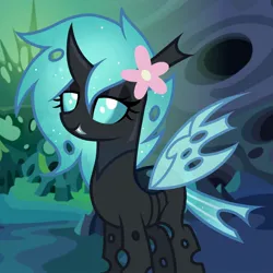 Size: 1220x1220 | Tagged: safe, artist:cstrawberrymilk, derpibooru import, oc, oc:crystalline, changeling, changeling oc, female, flower, flower in hair, image, jpeg, solo