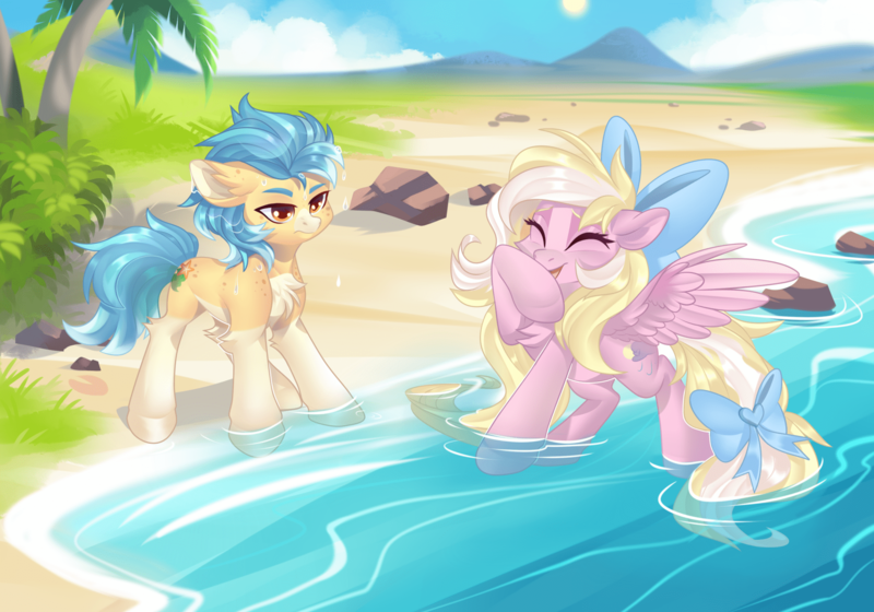 Size: 1920x1344 | Tagged: artist needed, safe, derpibooru import, oc, oc:bay breeze, oc:sea biscuit, unofficial characters only, earth pony, pegasus, pony, beach, bow, cute, duo, duo male and female, earth pony oc, eyes closed, female, hair bow, image, male, mare, ocean, palm tree, pegasus oc, png, stallion, tail, tail bow, tree, water, wings