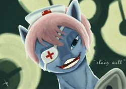 Size: 4096x2896 | Tagged: semi-grimdark, artist:bluishdraft, derpibooru import, nurse redheart, earth pony, pony, creepy, eyepatch, female, image, jpeg, mouth hold, solo, syringe