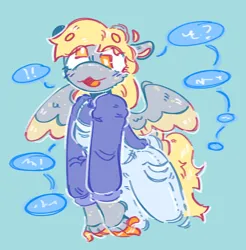 Size: 1329x1352 | Tagged: safe, artist:tottallytoby, derpibooru import, derpy hooves, anthro, pegasus, pony, g4, :3, alternate design, beanbrows, blonde mane, blonde tail, blue background, blush lines, blushing, clothes, colored eyebrows, colored hooves, colored pinnae, colored wings, colored wingtips, commission, denim, derp, doodle, ear freckles, exclamation point, eye clipping through hair, eyebrows, eyebrows visible through hair, eyelashes, female, floppy ears, freckles, gray coat, hand freckles, heterochromia, hoof hands, hooves, image, jpeg, long sleeves, long tail, mare, open mouth, open smile, overalls, shiny mane, shiny tail, simple background, smiling, solo, speech bubble, spread wings, sweater, tail, turtleneck, turtleneck sweater, two toned wings, white pupils, wing freckles, wings, yellow hooves, yellow wingtips