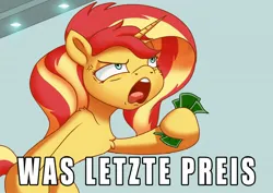 Size: 2048x1448 | Tagged: safe, artist:bluishdraft, derpibooru import, sunset shimmer, pony, unicorn, female, german, horn, image, jpeg, meme, ponified meme, shut up and take my money, solo