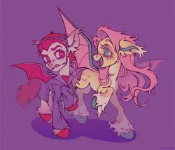 Size: 1619x1383 | Tagged: safe, artist:emobricosss, derpibooru import, part of a set, fluttershy, ponified, bat pony, pony, undead, vampire, vampony, g4, alternate design, alternate eye color, bags under eyes, bat ponified, big ears, blushing, cheek fluff, clothes, coat, coat markings, colored belly, colored eartips, colored eyebrows, colored eyelashes, colored hooves, colored pinnae, colored wings, countershading, crossover, cute, duo, duo male and female, ear fluff, ear tufts, facial markings, fangs, female, fetlock tuft, flutterbat, freckles, frown, gradient ears, hooves, image, long description, long tail, male, mare, mighty mighty monsters, open mouth, open smile, orthodontic headgear, pale belly, pink eyelashes, pink mane, pink tail, png, popped collar, purple background, purple eyes, race swap, raised hoof, raised leg, red eyelashes, red hooves, red mane, red tail, running, shadow, shirt, short mane, shyabetes, simple background, smiling, snip (coat marking), socks (coat marking), spiky mane, spiky tail, spread wings, standing, standing on one leg, standing on two hooves, tail, teal eyes, teal hooves, teenager, two toned wings, vlad (mighty mighty monsters), wall of tags, white belly, white coat, white pupils, wings, yellow coat