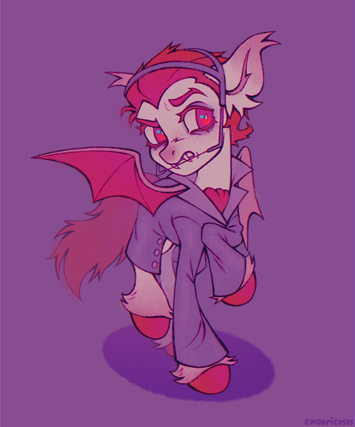 Size: 991x1191 | Tagged: safe, artist:emobricosss, derpibooru import, part of a set, ponified, bat pony, pony, undead, vampire, vampony, bags under eyes, clothes, coat, coat markings, colored eyebrows, colored eyelashes, colored hooves, colored pinnae, colored wings, ear fluff, ear tufts, facial markings, fangs, fetlock tuft, freckles, frown, gradient ears, hooves, image, long description, long tail, male, mighty mighty monsters, orthodontic headgear, png, popped collar, purple background, purple eyes, raised hoof, raised leg, red eyelashes, red hooves, red mane, red tail, shadow, shirt, short mane, simple background, snip (coat marking), solo, spread wings, standing, standing on two hooves, tail, teenager, vlad (mighty mighty monsters), white coat, white pupils, wings