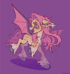 Size: 1300x1383 | Tagged: safe, artist:emobricosss, derpibooru import, part of a set, fluttershy, bat pony, pony, g4, alternate design, alternate eye color, bat ponified, big ears, blushing, cheek fluff, coat markings, colored belly, colored eartips, colored eyebrows, colored eyelashes, colored hooves, colored pinnae, colored wings, countershading, cute, ear fluff, facial markings, fangs, female, flutterbat, hooves, image, long description, mare, open mouth, open smile, pale belly, pink eyelashes, pink mane, pink tail, png, purple background, race swap, raised hoof, raised leg, running, shadow, shyabetes, simple background, smiling, snip (coat marking), socks (coat marking), solo, spiky mane, spiky tail, spread wings, standing, standing on one leg, tail, teal eyes, teal hooves, two toned wings, white belly, white pupils, wings, yellow coat