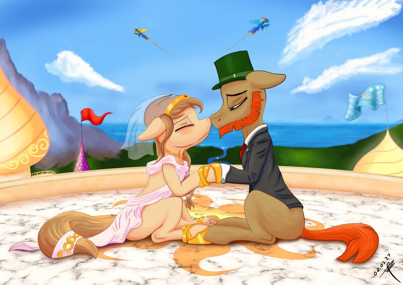 Size: 3508x2480 | Tagged: safe, artist:bluishdraft, derpibooru import, rainbow dash, spitfire, oc, pegasus, pony, duo, female, image, jpeg, male, marriage, oc x oc, ocean, shipping, straight, water, wedding