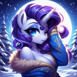 Size: 1024x1024 | Tagged: suggestive, ai content, derpibooru import, machine learning generated, prompter:glimmy-glam, rarity, anthro, g4, beautiful, beautisexy, blushing, breasts, cleavage, clothes, female, fur, generator:dall-e 3, image, jpeg, moon, night, off shoulder, one eye closed, smiling, snow, solo, solo female, stars, stupid sexy rarity, tree, wink, winter, winter outfit