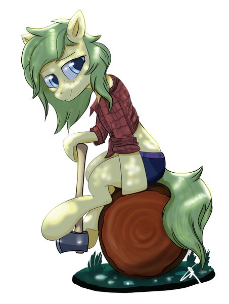 Size: 3094x4096 | Tagged: safe, artist:bluishdraft, derpibooru import, oc, unofficial characters only, earth pony, pony, axe, clothes, earth pony oc, female, image, jpeg, log, lumberjack, simple background, solo, weapon, white background