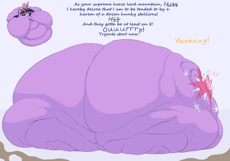 Size: 3313x2327 | Tagged: questionable, artist:lupin quill, derpibooru import, twilight sparkle, twilight sparkle (alicorn), alicorn, pony, series:horse overlord cinematic universe (weight gain), g4, bedroom eyes, belly, belly bed, big belly, bingo wings, blob, blushing, both cutie marks, burp, butt, chubby cheeks, crown, dialogue, fat, fat fetish, feedee, female, fetish, flabby chest, hand, high res, huge belly, huge butt, image, immobile, impossibly large belly, impossibly large butt, impossibly obese, jewelry, jiggle, large butt, magic, magic hands, morbidly obese, multichin, neck roll, obese, offscreen character, onomatopoeia, open mouth, panting, plap, plot, png, regalia, rolls of fat, spanking, stretched cutie mark, telekinesis, the ass was fat, thighs, thought bubble, thunder thighs, twibutt, twilard sparkle, weight gain, weight gain sequence