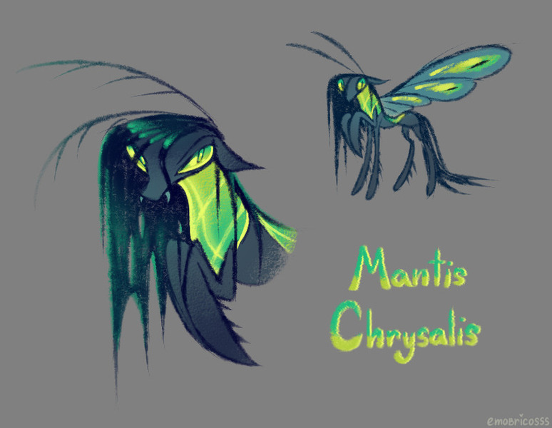 Size: 811x629 | Tagged: safe, artist:emobricosss, derpibooru import, part of a set, queen chrysalis, changeling, changeling queen, mantis, mantis pony, g4, alternate design, antennae, blue teeth, bug anatomy, bust, carapace, claws, colored sclera, colored sketch, colored teeth, fangs, female, floppy ears, gray background, gray coat, green eyes, green mane, green sclera, green text, image, insect wings, jpeg, lineless, long mane, mantis claws, mantis wings, narrowed eyes, redesign, shiny mane, signature, simple background, sketch, slender, solo, standing, text, thin, thin legs, wall of tags, wings