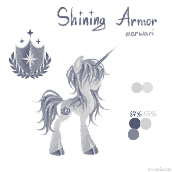 Size: 676x673 | Tagged: safe, artist:emobricosss, derpibooru import, part of a set, shining armor, pony, unicorn, g4, alternate coat color, alternate color palette, alternate cutie mark, alternate design, alternate hairstyle, alternate mane color, alternate tail color, alternate tailstyle, chest marking, color palette, colored hooves, colored horn, colored pinnae, colored sketch, facial markings, gray coat, gray hooves, gray mane, gray tail, gray text, hooves, horn, image, jpeg, lineless, long horn, long mane, long mane male, long tail, male, marwari, mealy mouth (coat marking), no eyes, profile, redesign, shiny hooves, signature, simple background, sketch, solo, sparkly mane, sparkly tail, stallion, standing, tail, text, thin, three toned mane, three toned tail, wall of tags, white background