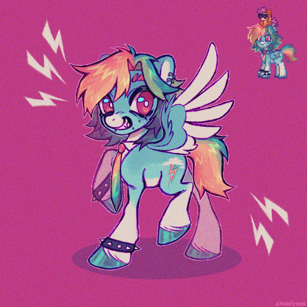 Size: 998x998 | Tagged: safe, artist:emobricosss, derpibooru import, rainbow dash, scootaloo, pegasus, pony, pony town, g4, alternate accessories, alternate design, alternate hairstyle, big eyes, blue coat, blue hooves, bracelet, clothes, coat markings, colored belly, colored hooves, colored pinnae, colored wings, colored wingtips, countershading, dermal piercing, ear piercing, earring, emanata, eyelashes, facial markings, fangs, female, filter, fluffy mane, hooves, image, jewelry, jpeg, lip piercing, looking back, mare, multicolored hair, necktie, noise, outline, pale belly, piercing, pink eyes, rainbow hair, rainbow tail, raised hoof, raised leg, reference used, shadow, shaggy mane, shiny eyelashes, shiny hooves, shiny mane, shiny tail, short hair rainbow dash, short mane, short tail, signature, smiling, snake bites, snip (coat marking), socks (coat marking), solo, spiked wristband, spread wings, standing, sunglasses, tail, textured background, thick eyelashes, thin, three toned wings, wall of tags, white belly, white pupils, white wingtips, wing fluff, wings, wristband