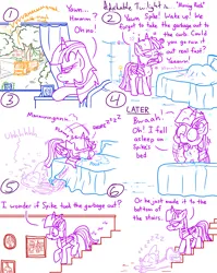 Size: 4779x6013 | Tagged: safe, artist:adorkabletwilightandfriends, derpibooru import, moondancer, night light, spike, twilight sparkle, twilight sparkle (alicorn), twilight velvet, oc, oc:lawrence, alicorn, comic:adorkable twilight and friends, adorkable, adorkable twilight, bed, bedroom, comic, cute, dad, dork, drool, early, garbage truck, image, mom, morning, neighborhood, parent, picture, picture frame, png, silly, sleeping, sleepy, slice of life, sliding, slippery, staircase, stairs, sunrise, tired, truck, waking up, walking, yawn