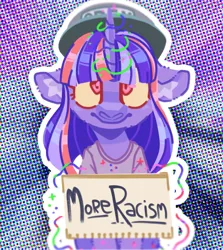 Size: 1579x1774 | Tagged: safe, artist:pastacrylic, edit, editor:strifesnout, twilight sparkle, pony, unicorn, cap, clothes, hat, image, levitation, magic, mouthpiece, png, positive ponies, racism, red eyes, shirt, sign, solo, t-shirt, telekinesis, truth