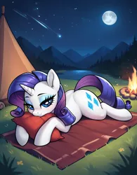 Size: 800x1024 | Tagged: safe, ai content, derpibooru import, machine learning generated, prompter:thelight3d, stable diffusion, rarity, g4, campfire, generator:pony diffusion v6 xl, image, pillow, png