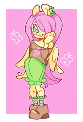 Size: 812x1189 | Tagged: safe, artist:shrimpnurse, derpibooru import, fluttershy, human, g4, alternate eye color, blush sticker, blushing, boots, clothes, colored eyebrows, cute, ear piercing, eared humanization, earring, eyelashes, eyeshadow, female, frilly socks, green eyes, green skirt, hair over one eye, halftone, humanized, image, jewelry, kneesocks, lidded eyes, long hair, makeup, off shoulder, off shoulder sweater, partially open wings, passepartout, pencil skirt, piercing, pink eyeshadow, pink hair, png, raised arm, screentone, shiny hair, shoes, shoulderless, shyabetes, simple background, skirt, smiling, socks, solo, standing, straight hair, striped socks, sweater, thin, white background, winged humanization, wings, yellow skin