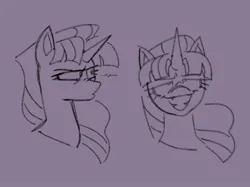 Size: 1337x1001 | Tagged: safe, artist:partyponypower, derpibooru import, starlight glimmer, pony, unicorn, g4, alternate universe, bangs, bust, eyelashes, facing you, female, gray background, horn, image, jpeg, looking away, looking up, mare, narrowed eyes, nose wrinkle, pouting, purple background, s5 starlight, simple background, sketch, smiling, solo, starlight glimmer is best facemaker, starlight glimmer is not amused, unamused