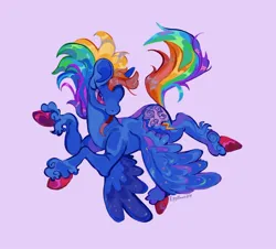 Size: 1112x1007 | Tagged: safe, artist:gothamsfinestdummy, derpibooru import, rainbow dash, pegasus, pony, g4, alternate coat color, alternate cutie mark, alternate design, big ears, blue coat, colored hooves, colored lineart, colored pinnae, colored pupils, female, flowing mane, flowing tail, flying, hooves, image, jpeg, long mane, long tail, mare, multicolored hair, multicolored mane, multicolored tail, narrowed eyes, pink eyes, pink hooves, purple background, purple pupils, rainbow hair, rainbow tail, raised hoof, raised leg, shiny hooves, shiny mane, shiny tail, shiny wings, signature, simple background, solo, sparkly wings, tail, twitterina design, underhoof, unshorn fetlocks, wings