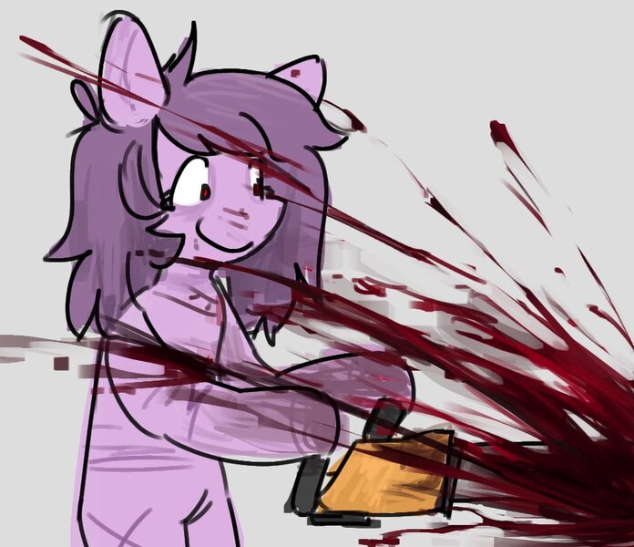 Size: 954x822 | Tagged: grimdark, artist:gorepuptech, derpibooru import, pinkie pie, earth pony, pony, blood, chainsaw, female, holding, image, jpeg, mare, smiling, solo, standing, violence