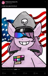 Size: 547x866 | Tagged: safe, artist:gorepuptech, derpibooru import, pinkie pie, earth pony, pony, american flag, female, flag, grin, hat, image, jpeg, mare, peaked cap, pinkamena diane pie, punisher, smiling, solo