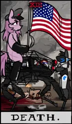 Size: 1100x1900 | Tagged: grimdark, artist:gorepuptech, derpibooru import, pinkie pie, cyborg, pony, robot, semi-anthro, american flag, blood, corpse, death, female, flag, furry, image, jpeg, mare, pinkamena diane pie, protogen, x eyes