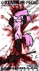 Size: 815x1469 | Tagged: semi-grimdark, artist:gorepuptech, derpibooru import, pinkie pie, earth pony, pony, semi-anthro, blood, blood stains, eyes closed, female, gun, image, jpeg, mare, mattress, smiling, solo, weapon