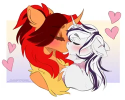 Size: 2500x2000 | Tagged: safe, artist:_candypone_, derpibooru import, oc, oc:polina star, oc:yiazmat, dracony, dragon, hybrid, unicorn, bust, chest fluff, couple, french kiss, heart, horn, hybrid oc, image, kissing, png, scar, shipping, unicorn oc