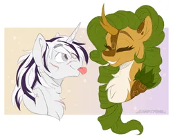 Size: 2500x2000 | Tagged: safe, artist:_candypone_, derpibooru import, oc, oc:eldorada, oc:yiazmat, kirin, unicorn, :p, amused, chest fluff, couple, happy, horn, image, kirin oc, png, scar, shipping, silly, tongue out, unicorn oc