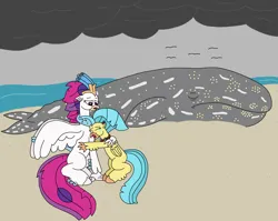 Size: 2924x2328 | Tagged: safe, artist:supahdonarudo, derpibooru import, princess skystar, queen novo, classical hippogriff, hippogriff, whale, my little pony: the movie, beach, cloud, cloudy, comforting, crying, dead, female, hug, image, jewelry, mother and child, mother and daughter, necklace, ocean, png, sad, sadness, sand, water