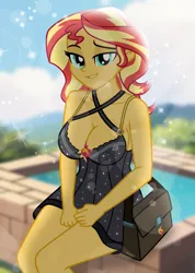 Size: 1422x2000 | Tagged: safe, artist:emeraldblast63, derpibooru import, sunset shimmer, human, equestria girls, g4, big breasts, breasts, busty sunset shimmer, clothes, dress, image, lens flare, lidded eyes, looking at you, png, purse, sitting, smiling, sparkles