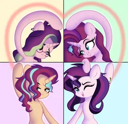 Size: 4000x3880 | Tagged: safe, artist:morello, derpibooru import, oc, oc:dawn light (ice1517), oc:dusk fire (ice1517), oc:evening glitter, oc:shadow shine, unofficial characters only, pony, unicorn, icey-verse, brother and sister, commission, ear piercing, earring, female, glasses, grin, heart, horn, image, jewelry, magical lesbian spawn, male, mare, multicolored hair, offspring, one eye closed, open mouth, parent:starlight glimmer, parent:sunset shimmer, parents:shimmerglimmer, piercing, png, siblings, sisters, smiling, stallion, tattoo, twins, wink, ych result