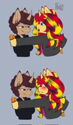 Size: 1202x2048 | Tagged: safe, artist:cozziesart, ponerpics import, sunset shimmer, oc, unofficial characters only, anthro, blushing, clothes, female, image, jpeg, looking at each other, male