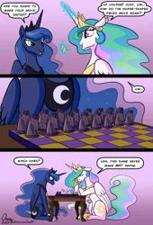 Size: 1582x2328 | Tagged: safe, artist:omny87, derpibooru import, princess celestia, princess luna, alicorn, pony, g4, 3 panel comic, board game, cel shading, chess, chess piece, colored, comic, confused, confusion, crown, duo, duo female, english, female, glow, glowing horn, gradient background, height difference, hoof shoes, horn, image, jewelry, magic, magic aura, mare, peytral, png, princess shoes, regalia, royal sisters, shading, siblings, sisters, sitting, speech bubble, table, talking, telekinesis