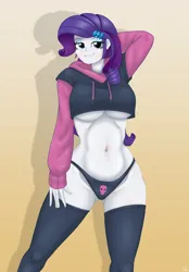 Size: 1280x1840 | Tagged: suggestive, artist:lennondash, derpibooru import, rarity, human, equestria girls, g4, 2d, arm behind head, bedroom eyes, belly, belly button, breasts, clothes, concave belly, diamond, eyeshadow, female, hairclip, hoodie, image, jpeg, lace, legs, lip bite, long sleeves, looking at you, makeup, midriff, nylon, panties, short jacket, skull, smiling, smiling at you, socks, solo, thigh highs, thighs, thong, underboob, underwear