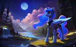 Size: 4096x2560 | Tagged: safe, ai content, derpibooru import, machine learning generated, prompter:justhereforthenachos, stable diffusion, princess luna, alicorn, pony, g4, beautiful, cloud, female, forest, generator:purplesmart.ai, image, jpeg, missing accessory, moon, nature, night, river, scenery, solo, tree, water, waterfall