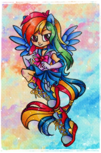 Size: 2072x3136 | Tagged: safe, artist:dariarchangel, derpibooru import, rainbow dash, human, equestria girls, g4, blue skirt, blue wings, boots, bow, choker, clothes, cloud, confident, crossover, cute, dashabetes, ear piercing, earring, element of loyalty, female, fist, flying, gloves, human coloration, humanized, image, jewelry, jpeg, long gloves, long hair, looking up, miniskirt, multicolored hair, piercing, ponied up, pony ears, rainbow hair, raised leg, sailor moon (series), sailor rainbow dash, sailor senshi, sailor uniform, shoes, skirt, smiling, solo, sparkles, tiara, traditional art, uniform, winged humanization, winged shoes, wings