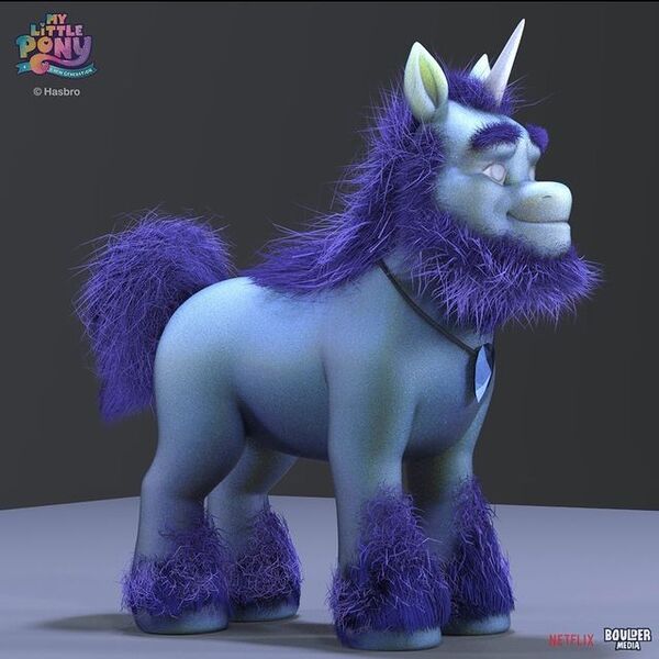 Size: 640x640 | Tagged: safe, artist:damon bard, boulder media, derpibooru import, alphabittle (g5), pony, unicorn, g5, my little pony: a new generation, 3d, big eyebrows, blind, concept art, gem, hasbro, horn, image, jpeg, logo, male, netflix, netflix logo, solo, stallion, unshorn fetlocks, what could have been