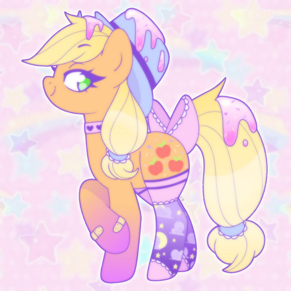 Size: 1750x1750 | Tagged: safe, artist:vivian reed, derpibooru import, applejack, earth pony, pony, g4, abstract background, bandaid, bow, choker, clothes, eyebrows, eyebrows visible through hair, female, food, frosting, gradient hooves, image, jpeg, lidded eyes, mare, no pupils, smiling, socks, solo, tail, tail bow