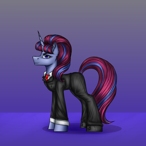 Size: 3000x3000 | Tagged: safe, artist:darklight1315, derpibooru import, starlight glimmer, oc, oc:star glare, pony, unicorn, fallout equestria, boots, business suit, businessmare, clothes, concept art, disguise, fallout equestria: mayday, horn, image, necktie, png, pre-war, shirt, shoes, talisman