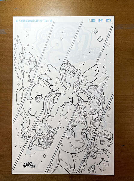 Size: 743x1000 | Tagged: safe, artist:tonyfleecs, derpibooru import, idw, official, firefly, izzy moonbow, minty, spike, sundance (g2), sunny starscout, sunsparkle, twilight sparkle, twilight sparkle (alicorn), alicorn, dragon, earth pony, pegasus, pony, unicorn, g1, g2, g3, g4, g5, 40th anniversary, comic cover, cover, cover art, female, generational ponidox, horn, image, jpeg, lineart, male, mare, my little pony 40th anniversary special, official comic, san diego comic con, sdcc 2023, traditional art, winged spike, wings