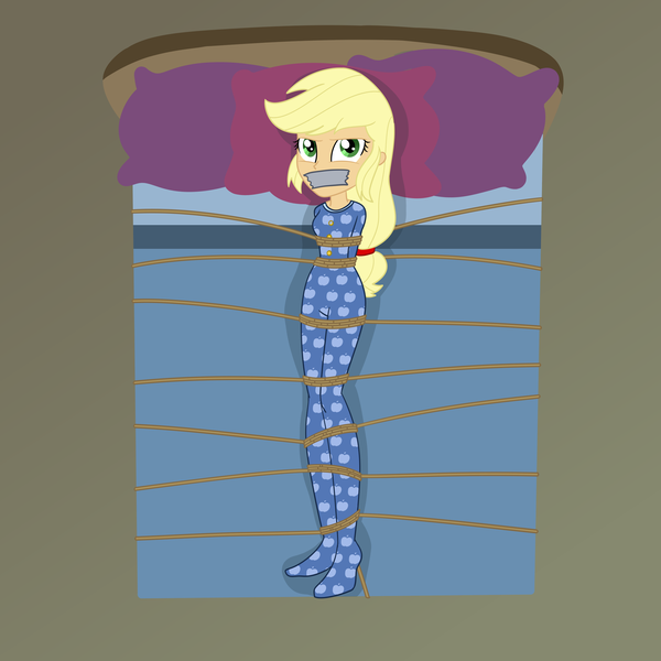 Size: 2500x2500 | Tagged: safe, artist:nie-martw-sie-o-mnie, derpibooru import, part of a set, applejack, human, equestria girls, g4, applesub, bed, bondage, clothes, femsub, gag, image, looking at you, lying down, on back, onesie, pajamas, pillow, png, rope, rope bondage, submissive, tape, tape gag, tied down, tied to bed