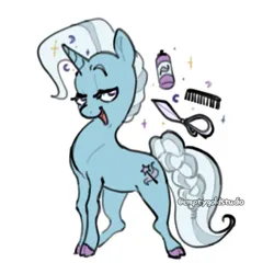 Size: 623x623 | Tagged: safe, artist:emptygoldstudio, derpibooru import, trixie, pony, unicorn, g4, alternate hairstyle, alternate universe, braid, cloven hooves, comb, female, hairspray, horn, image, levitation, lidded eyes, looking at you, magic, mare, open mouth, open smile, png, scissors, short mane, short mane trixie, simple background, smiling, smiling at you, solo, telekinesis, white background