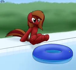 Size: 2430x2226 | Tagged: safe, artist:the-furry-railfan, derpibooru import, oc, oc:cherry spirit, unofficial characters only, earth pony, grass, hedge, image, inner tube, png, pool toy, poolside, swimming pool, underhoof