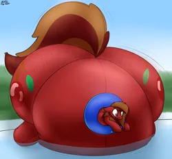 Size: 2800x2600 | Tagged: safe, artist:the-furry-railfan, derpibooru import, oc, oc:cherry spirit, unofficial characters only, earth pony, inflatable pony, belly, big belly, butt, floating, grass, hedge, huge belly, huge butt, image, impossibly large belly, impossibly large butt, inflatable, inflatable toy, inflated tail, inflation, inner tube, large butt, png, pool toy, poolside, surprised, swimming pool, tail, transformation, underhoof