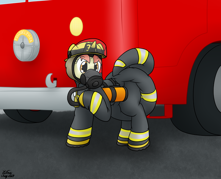 Size: 2268x1833 | Tagged: safe, artist:the-furry-railfan, derpibooru import, oc, oc:flash point, unofficial characters only, unicorn, air tank, diaper, fire engine, firefighter, firefighter helmet, gas mask, helmet, horn, image, mask, non-baby in diaper, png