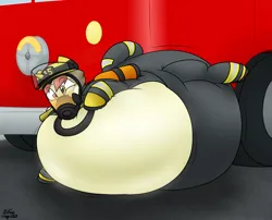 Size: 2268x1833 | Tagged: safe, artist:the-furry-railfan, derpibooru import, oc, oc:flash point, unofficial characters only, unicorn, air tank, belly, belly bed, big belly, diaper, diaper inflation, fire engine, firefighter, firefighter helmet, gas mask, helmet, horn, huge belly, image, impossibly large belly, inflation, mask, non-baby in diaper, p 235, panic, png, puffy cheeks, surprised