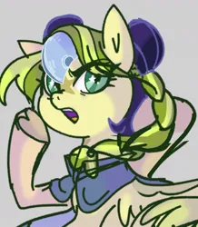 Size: 958x1101 | Tagged: safe, artist:rachel-morrigan, derpibooru import, ponified, pegasus, pony, braid, braided ponytail, bust, cape, clothes, coat markings, facial markings, female, gray background, image, jojo's bizarre adventure, jolyne cujoh, jpeg, mare, open mouth, ponytail, simple background, solo, star (coat marking), starry eyes, underhoof, wingding eyes